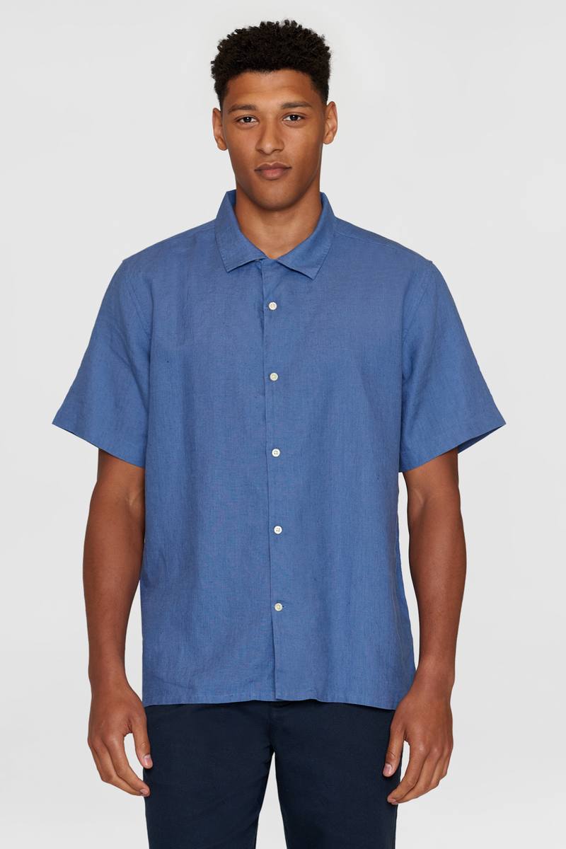 Blue Boxy Short Sleeve Linen Shirt Knowledge Cotton Apparel