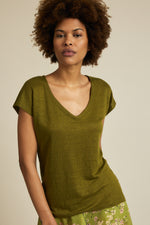 Linen V-Neck Olive Green Shirt Lanius